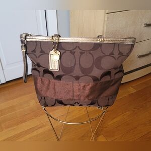 COACH Metallic Signature Canvas Tote with Metallic Gold Trim